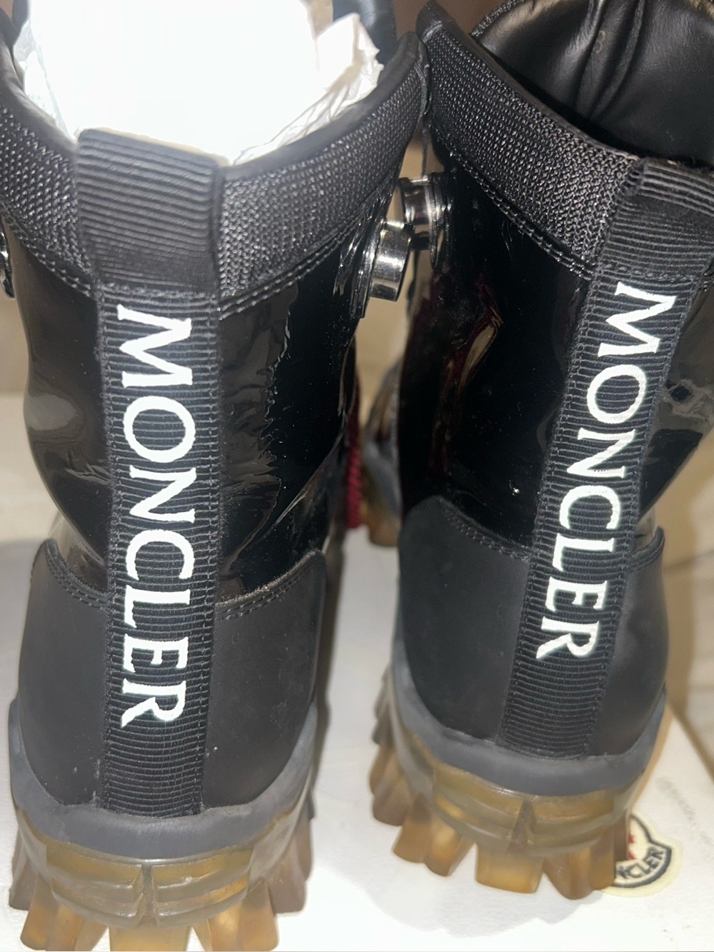 Moncler Helis Patent Leather Lace-Up Boots – Glossy Black w/ Red Laces – Size 38